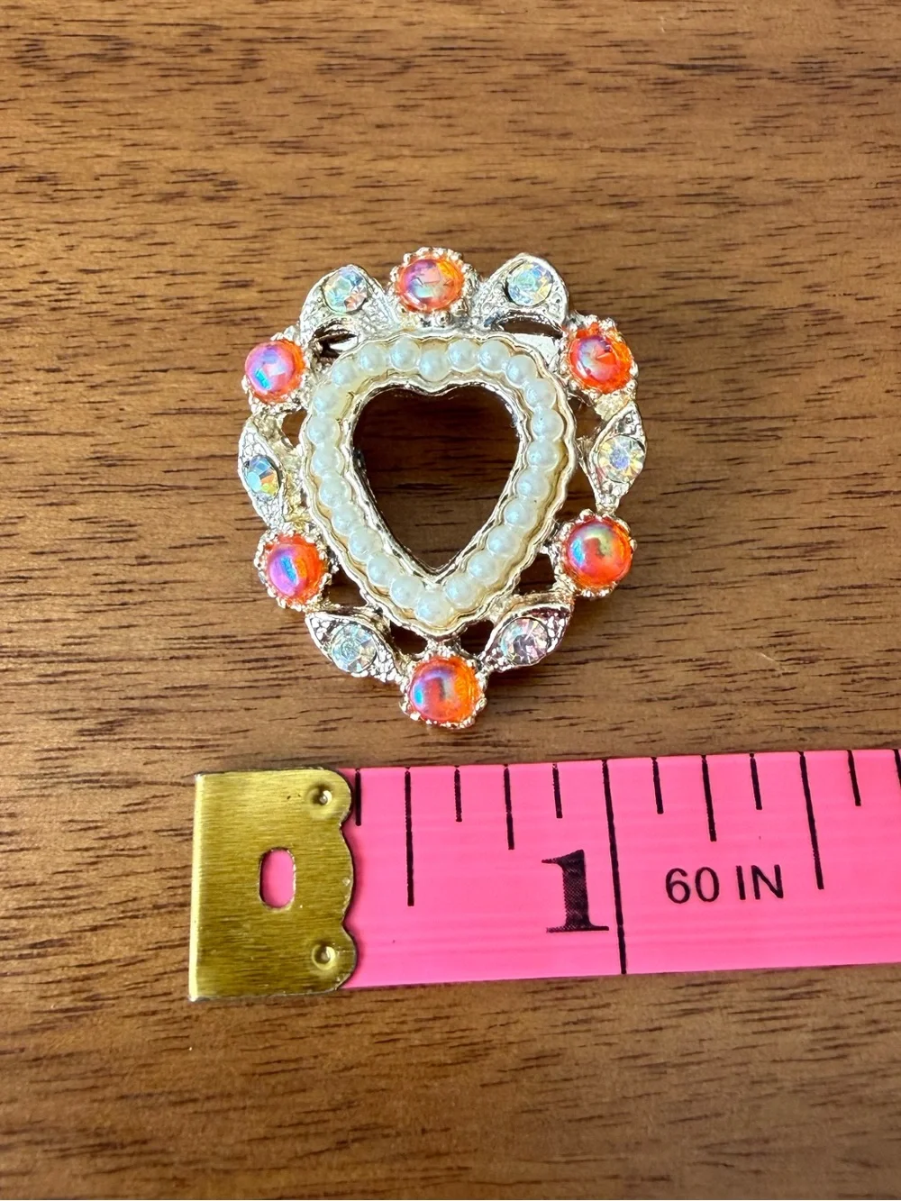 Vintage AB Orange Pink Cabochon & Crystal Rhinestones Pearls Heart Brooch Pin